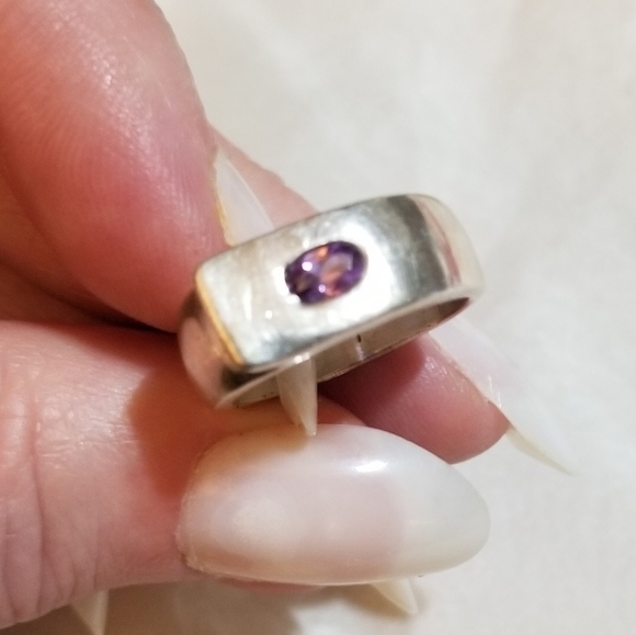 vtg Hand Crafted Sterling Amethyst Cigar Band Ring - Picture 2 of 7